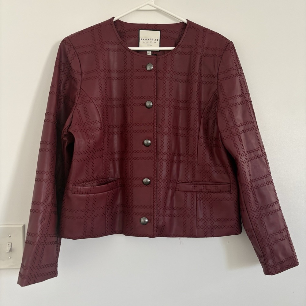 Bagatelle Women's NWT Deep Red Faux Leather‎  ElegantTextured Blazer/Jacket SzXL